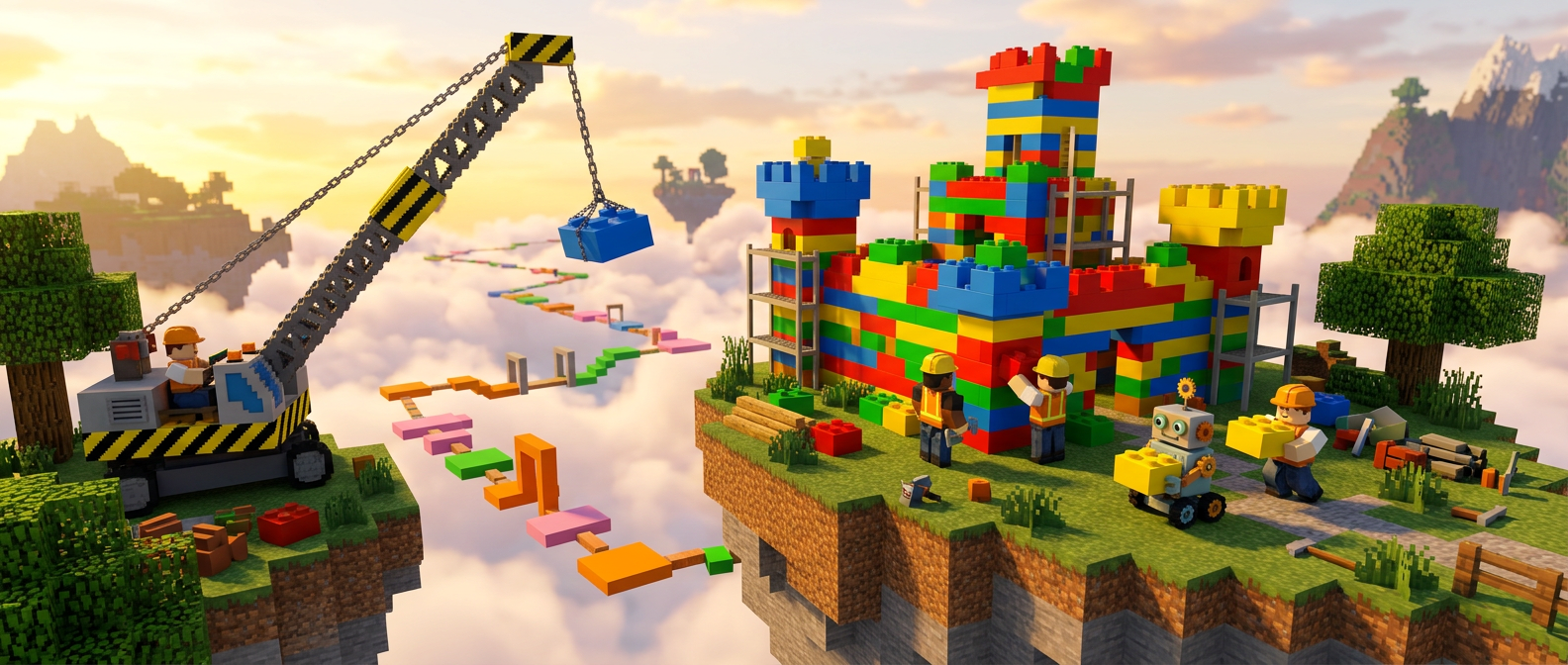 Blocky builders and a robot constructing a brick castle on a floating island